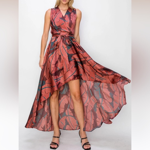 Burgundy Sleeveless Leaf Print Surplice High-Low Maxi Dress - Picture 5 of 6